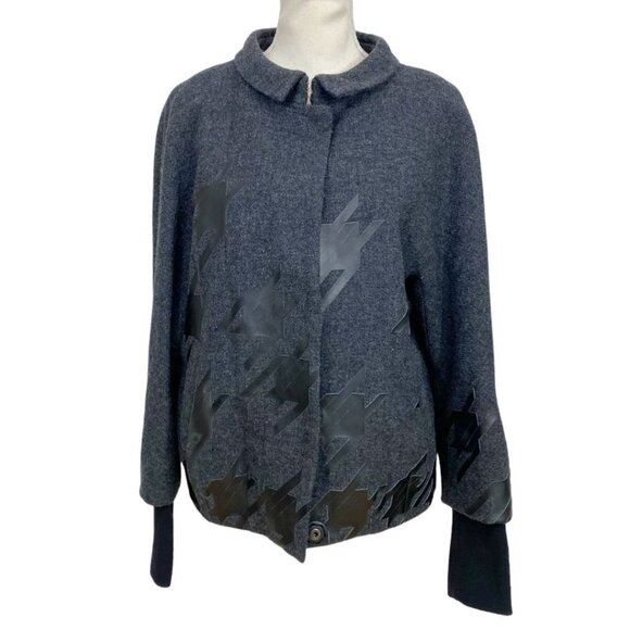 LAMB WOMEN'S GREY WOOL BLACK FAUX LEATHER GEO APPLIQUE BOMBER JACKET - 4 - Picture 1 of 11